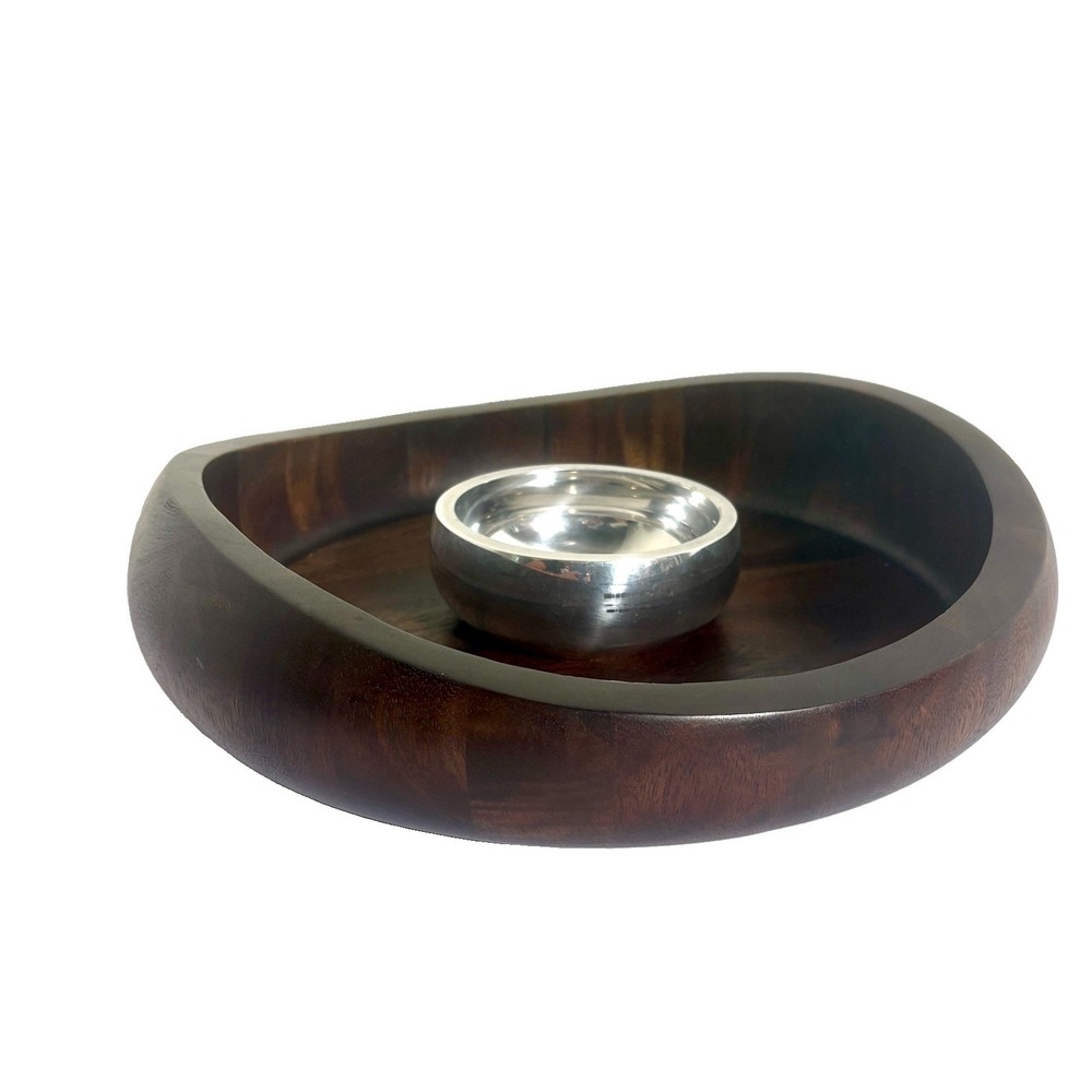 Nambé Butterfly Collection Acacia Wood Chip & Dip Server# 5009 Metal Bowl 16 In